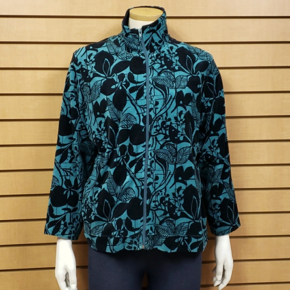 Kaktus Jacket M Velour Floral Zip Vintage Teal Black Artsy Retro